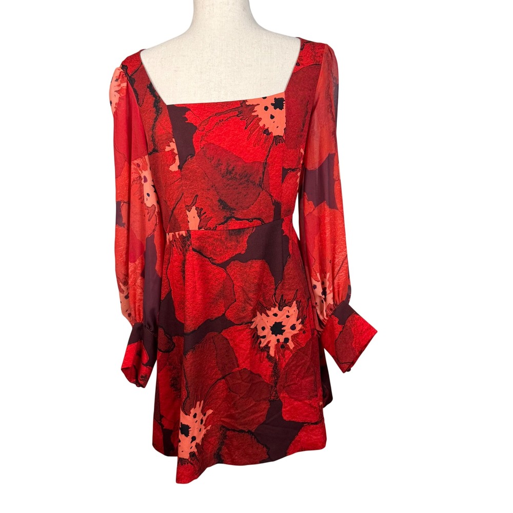 Hutch Floral Mini Dress Womens 8 Red Orange Poppy Square Neck Puff Sleeve Retro